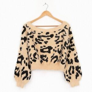 Leopard Print Off-the-Shoulder Fuzzy Sweater